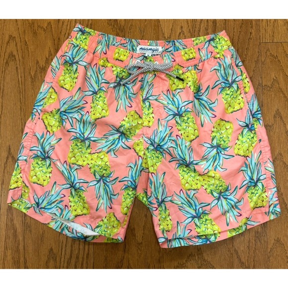 Maamgic Swim Trunks Mens M Pink Green Pineapple Suit Tropical Floral Mesh Liner - Picture 1 of 7